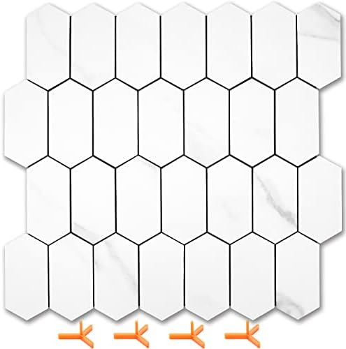 Vamos Tile Long Hexagon Peel and Stick Backsplash Tile - 10 Sheets Stick on Backsplash for Kitchen and Bathroom 12.4 x 12 Inch White Marble Look PVC Self Adhesive Mosaic Wall Tiles
