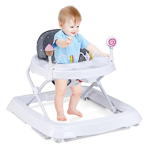 DREAMADE Lauflernhilfe Höhenverstellbar, Faltbarer Lauflernwagen mit Abnehmbarem Sitz & Spielzeugen, Gehhilfe Baby ab 6 Monate, Gefrei Mädchen & Junge bis 13,5kg (Grau)