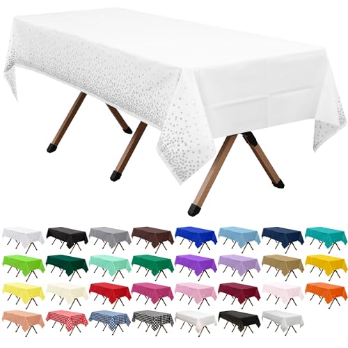 dinexlence 2 Pack Silver Polka Dots White Premium Plastic Tablecloth Rectangle 54 x 108 Inches Reusable Silver Spot Decorative White Table Cover for Dining, Wedding, Party, Indoor and Outdoor use by dinexlence - Used condition - US$4.94