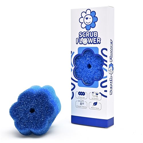 Scrub Flower Temperature Sensitive Sponges -Non-Scratch Scrubbers for Kitchen & Home - Firm in Cold & Soft in Warm Water - Odor Resistant Color-Coded Dish Sponges (Sapphire Hydrangea, 3 Count)