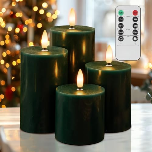 Green Flameless Candles with Remote, Battery Operated Pillar Candles Wax