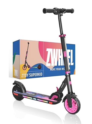 ZWHEEL ZTOY SUPERKID | Patinete Eléctrico para Niños & Niñas - Altura Ajustable - hasta 70kg - 150W, 10km Autonomía, 19km/h, Luces RGB, Doble Freno - Ruedas Antipinchazo (Rosa)