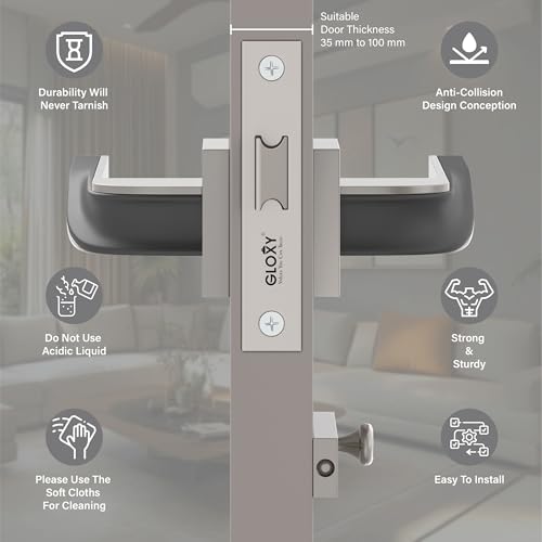 Image of GLOXY Door Lock Set for Bathroom, Mortise Door Lock Handle Set for Balcony, Keyless Lock Pull Handle Set for Storeroom |Satin & Black Finish (2 Years of Warranty, Pack of 1)