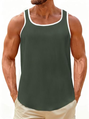 UNCLECAT Mens Sleeveless Tank Tops Workout Muscle Gym Knitted Shirt Athletic Bodybuilding Slim Fit Ribbed T Shirts Army Green