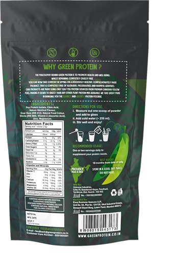 GREEN PROTEIN Pea Protein Isolate Powder, Vegan Plant Protein, No Added Sugar, 100% Vegan, Soy Free, Dairy Free, Gluten Free, Allergen Free, Tangy Orange Flavor, 15g Protein Per Serving, Pouch (1kg)