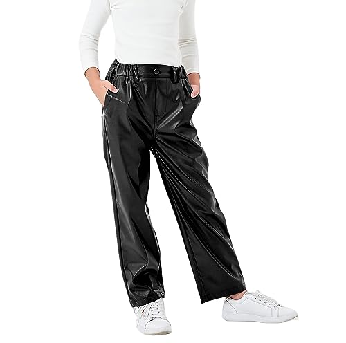 Pantalones de piel sintética Rolanko para niñas de 4 a 14 años de pierna ancha recta con bolsillos