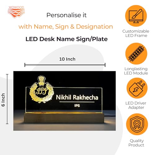 Image of WOWOOD Customized LED Name Plate for Office Desk Table Name Lamp Sign Gift For Officer IPS IAS IG IB DGI DGP Army Govenrment colonel Navy Defence Police Air Force Size (10 x 6 inch) (For Officer)