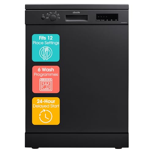 Abode Freestanding Dishwasher Class E with 12 Place Settings 6 Wash Programs 24-Hour Delay Start Removable Cutlery Basket & Deep Clean Function in Black A60DW00E1B