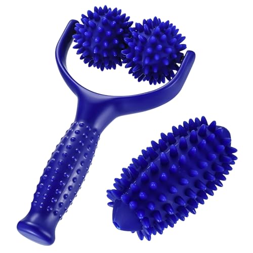 Rullo massaggiante con manici, rullo massaggiante con 2 palline ricci, rullo auto-massaggio con 1 palla lunga di ricambio massaggiante per gambe, schiena, braccia, muscoli, dolori muscolari