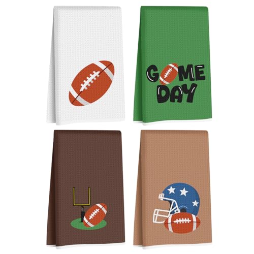 Image of 4 Pcs Football Hand Towels for Bathroom 24x14 Inch, Footballs Gifts Reusable Dish Towels for Kitchen Bathroom Home Decor, Waffle Weave Hand Cloth Tea Towel, Football Lover Gifts for Women Friend
