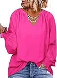 Eytino Plus Size Tops for Women Smocked Long Sleeve V Neck Flowy Chiffon Blouse Casual Solid Shirts,3X Bright Pink