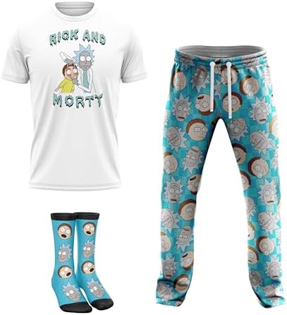 Rick and Morty Mens 3-pc Lounge Set in Box With T-shirt, Pants and Socks With Multiple Print Options in Sizes S-M-L-XL, 3-Piece Set White, XL