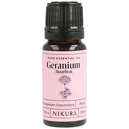 Nikura Geranium Essential Oil - 10ml | Geranium (Bourbon) Oil for Sleep, Diffusers for Home, Candle-Making, Bath, Anxiety, Skin | 100% Pure Natural Oils | Vegan & UK Made