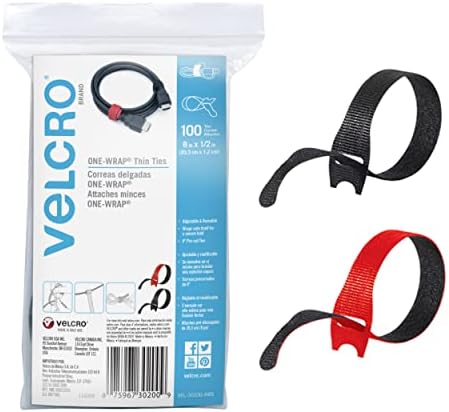 VELCRO Brand Cable Ties, 100Pk - 8 x 1/2" Red and Black, Reusable Alternative to Zip Ties, ONE-WRAP Thin Pre-Cut Cord Organization Straps, Wire Management for Office or Home, VEL-30200-AMS, Black/Red
