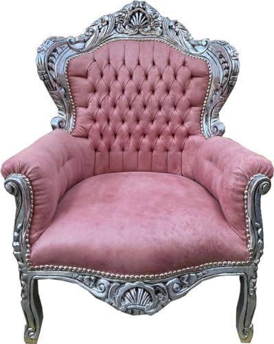 Casa Padrino Fauteuil Baroque Rose/Argent - Fauteuil de Salon en Bois Massif Fait Main avec Cuir...