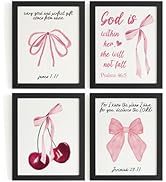 DSHFG Pink Cherry Bow Wall Decor Coquette Christian Wall Art Prints Set of 4, Pink Cherry Bow Bib...