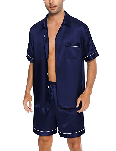 SWOMOG Men Silk Satin Pajamas Short Sleeve Pjs Set Button Down Sleepwear Soft Lounge Set Nightwear with Pockets3