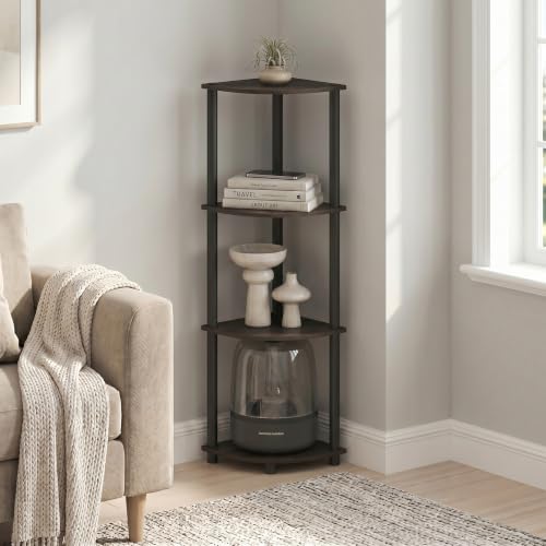 Image of Furinno Turn-N-Tube Toolless 4-Tier Storage Shelves, Dark Brown Grain | Brown Corner Shelf, Open Storage Book Shelf, for Organization and Storage, Living Room, Home Office, Bedroom