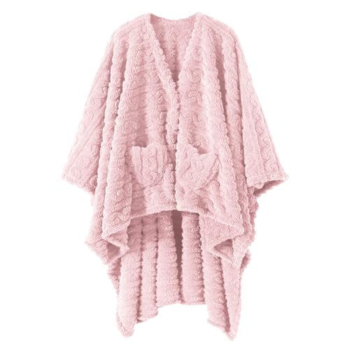 Dgsfmi Wearable Blanket Poncho Cape Wrap for Adult Cozy Sherpa Fleece Pocketed Shawl TV Throw Blankets for Office and Lounge(Pink 58 x 64)