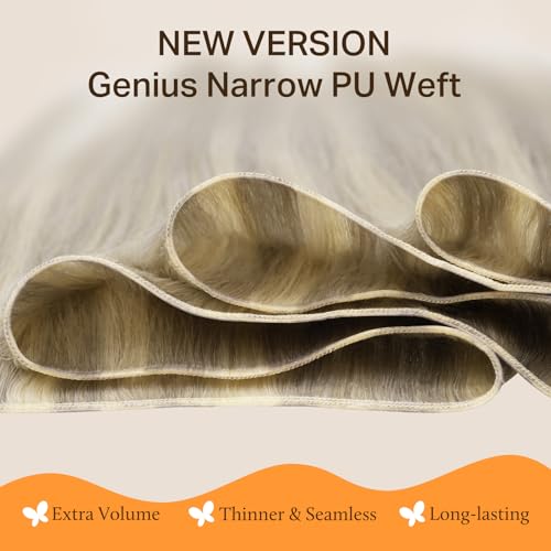 Image of DOORES Genius Seamless Weft Hair Extensions Human Hair, Ash Blonde Highlighted Platinum Blonde 18 Inch 100g, Hand Tied Weft Extension Sew in Natural Straight