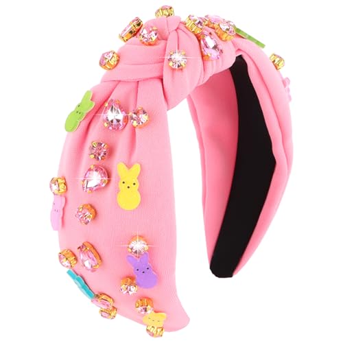 CIEHER Easter Bunny Knotted Headband with Crystals - Peeps Rabbits Embellished Headband Wide Knot Hairband Easter Hair Accessories Spring Gift for Women Girls (Pink)
