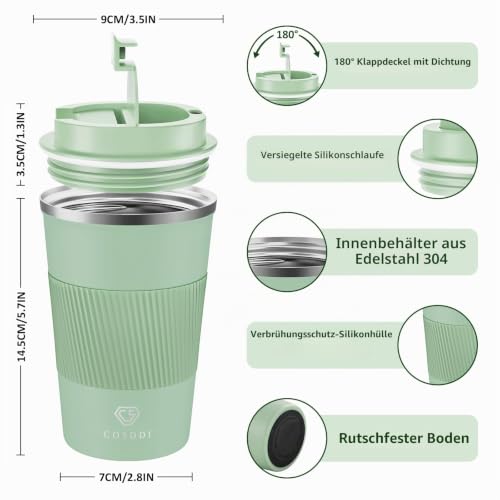 CS COSDDI Thermobecher- Isolierbecher, Edelstahl Travel Mug, 13oz/380ml Vakuum auslaufsicher Reisebecher mit Deckel, Autobecher… – Ansicht 3