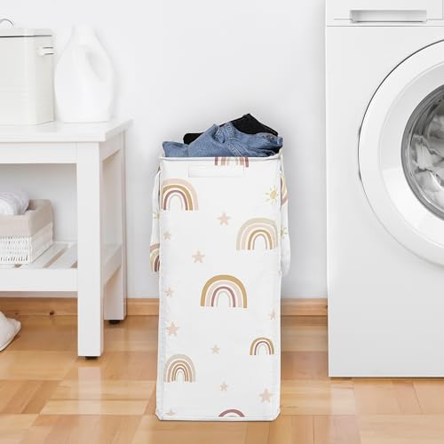 Image of Sweet Jojo Designs Boho Rainbow Girl Laundry Hamper Foldable Dirty Clothes Basket with Handles Baby Nursery Kids Bedroom Teen Bathroom Blush Pink Yellow Bohemian Modern Neutral Vintage Gold Stars Sky