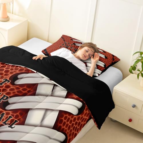 Image of Feelyou Football Comforter Set Twin Size Rugby Bedding Set for Kids Boys Girls Eat Sleep Sports Theme Duvet Quilt Bedroom Decor Microfiber 2 Pcs with 1 Pillow Case