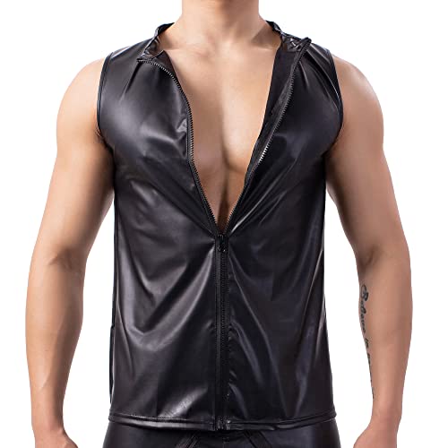 Men's Faux Leather Vest Undershirt Mens Sleeveless Tank Top Zipper Stand Collar Shirt Wetlook Muscle Waistcoats Fit Athletic Black #TOP4