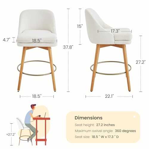 Image of kinmars Modern Bar Stools Set of 2,Swivel Counter Height Bar Stools with Soft Upholstered Back,Thick Seat,Wooden Legs, 27 inch Counter Stools for Kitchen Island (Beige, 2 Pieces - 27 inch Counter Height)