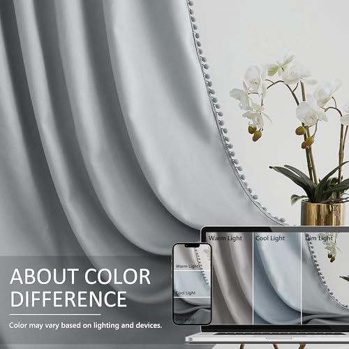 Image of Treatmentex Pom Pom Grey Curtains for Bedroom Windows 84 inch Energy Efficient Thermal Insulated Living Room Darkening Curtain Panels Drapes Nursery Room Children 52 inch w x2 Panels Rod Pocket