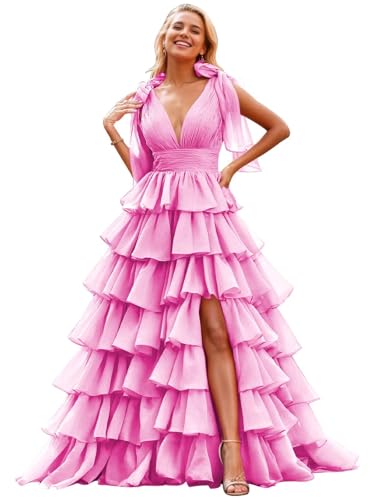 Image of TORYEMY Tiered Tulle Prom Dress Long Ball Gown Deep V Neck Formal Evening Dresses with Slit Ruched for Women