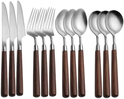 Wooden Handle Silverware Set, Stainless Steel Spoons Forks Knives, 12 Piece Flatware Set, Dishwasher Safe