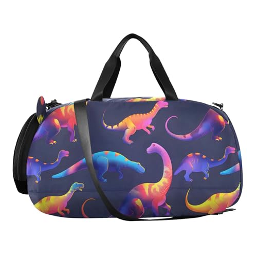 Duffle Bag for Boys or Girls with Shoes Compartment, Dark Background Rainbow Dinosaurs Sports Travel Bag Overnight2