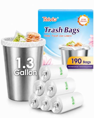 Teivio Small Clear Trash Bags 1.3 Gallon 190 Count Unscented Garbage Bags
