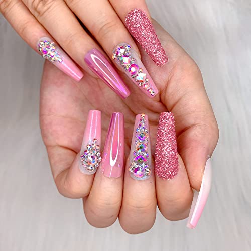 Artquee 36Pcs Pink Ombre Crystal Press On Nails With 3D Rhinestones Mixed Pink Metal And Glitter Glossy False Nails Long Ballerina Coffin Flash Fake Nail Tips Manicure For Women And Girls #TOP3