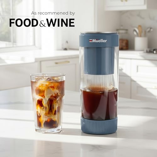 Image of Mueller RapidBrew Cold Brew Iced Coffee Maker, Mineral Blue | 10 Min Fast Brew, Portable Rechargeable, Adjustable Strength 10-99 Min, 20 Servings Per Charge