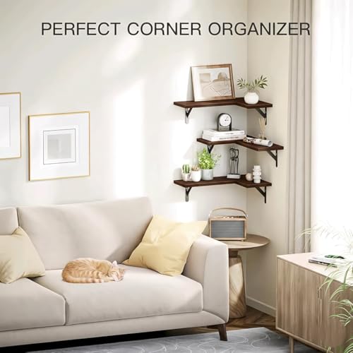 Image of Shoper cart Corner Wall Shelf Set, Shelf, Wall Mounted Shelves, Wall Shelf for Bedroom, Wall Shelves for Living Room, Book Shelf for Wall, Brown, 40 x 30 x 16 cm, (Brown (Set of 3))