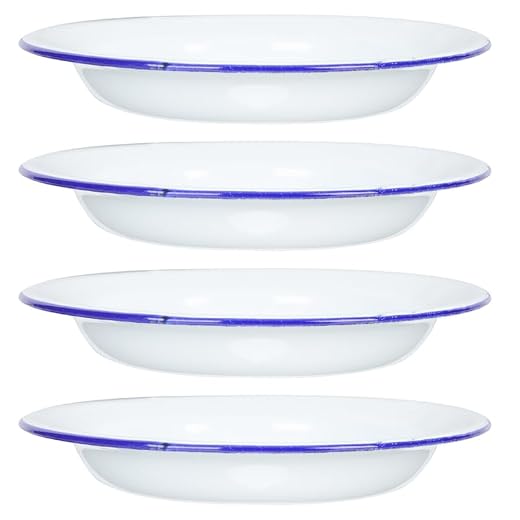 Hemoton 4pcs Enamel Plates Enamelware Dinner Serving Platter Trays with Blue Rim Salad Pasta Bowls Deep Food Dishes Fruit Plate for Dinner Outdoor Picnic BBQ Butter White