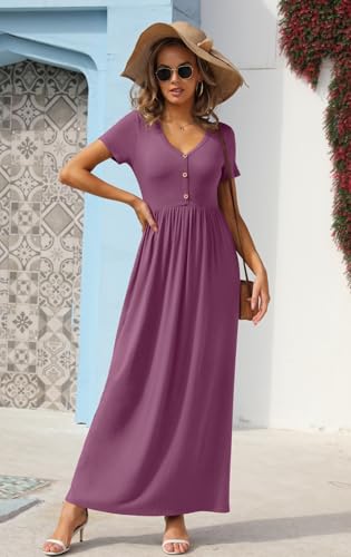 Image of GRECERELLE Womens Summer Long Maxi Dresses 2026 Short Sleeve V Neck Casual Button Dress with Pockets