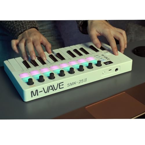 M-Vave SMK 25 MKII – Kabelloser BT-Midi-Keyboard-Controller mit 16 hintergrundbeleuchteten Drum-Pads, 8 Knöpfen, Arpeggio, USB, Weiß