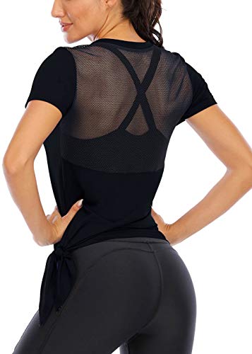 Fihapyli Women's Workout Tops Short Sleeve Mesh Back Side Tie Workout Tank Tops for Women Backless Yoga Tops for Womens Pilates Tank Tops Muscle Running Tank Open Back Sports Tank Tops Black M