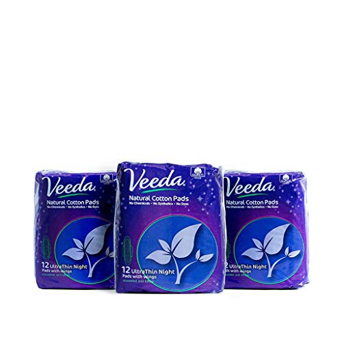 Veeda Ultra Thin Super Absorbent Night Pads Are Always Chlorine, Dye And Fragrance Free, Natural Cotton Sanitary Napkins,3 Packs Of 12 Count Each #TOP1