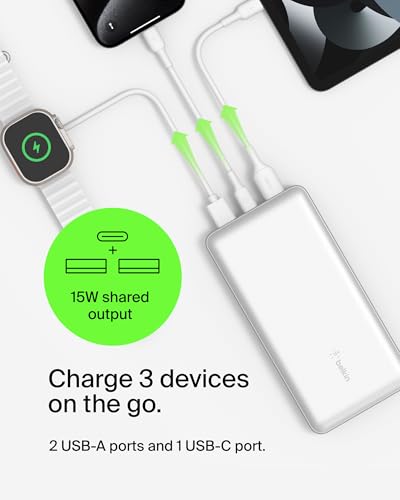 Image of Belkin Portable Charger, USB C Power Bank 20000 mAh w / 1xUSB-C Port & 2xUSB-A Ports, 15W w /Type-C to Type-A Cable - iPhone 17, Samsung Galaxy S25, Nintendo Switch 2, Google Pixel 10, etc. - White