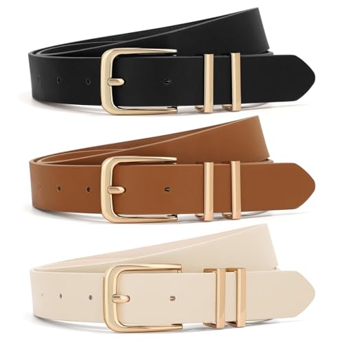3 Pack Women Belts For Jeans Dresses Pants Ladies Leather Waist Belt with Gold Buckle