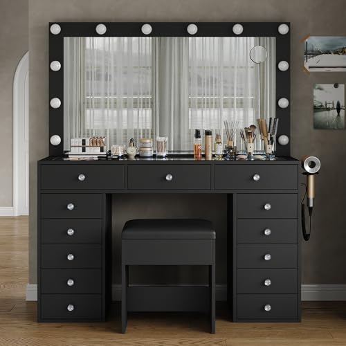 Yanosaku Makeup Vanity with Charging Station, 13 Drawers Vanity Desk with 12 LED Bulbs and HD Mirror, 3 Color Brightness Adjustable, Glass Top, Vanity Set for Bedroom (Black)
