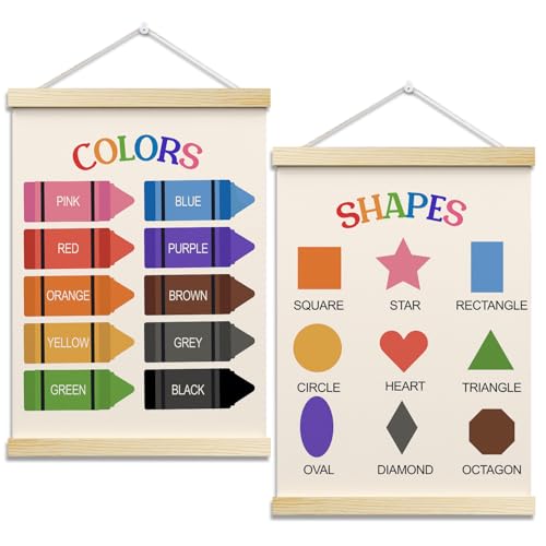 Shapes Colors Posters Hanger Frame for Classroom Hanging Poster for Classroom Nursery Decor Wall Art Decor for Preschool Kids Room Playroom Canvas Wall Art Print 16x12 Inches Set of 2 - YY030