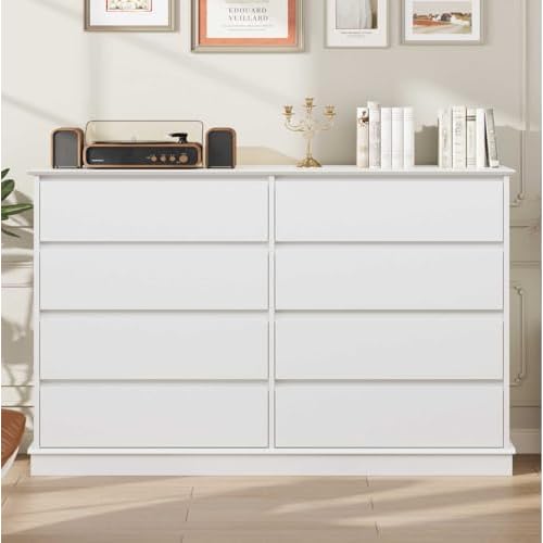 GAOMON White 8 Drawer Dresser for Bedroom, Wide Wooden Chest of Drawers with Wide Top for Closet, Hallway, and Living Room Use, White, 15.6"D x 51.4"W