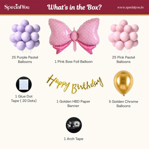 Image of SpecialYou Bow Theme Happy Birthday Decoration Kit for Girls- 59Pcs with Pink & Purple Balloons for Birthday Decor Items, Foil Balloon Decoration Kit