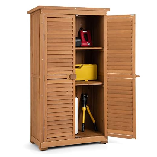 COSTWAY Garden Storage Shed, Wooden Waterproof Outdoor Tools Cabinet with Removable Shelves, Slope Asphalt Roof, Latch & Adjustable Footpads, Vertical Tool Organizer House, 87 x 47 x 160 cm